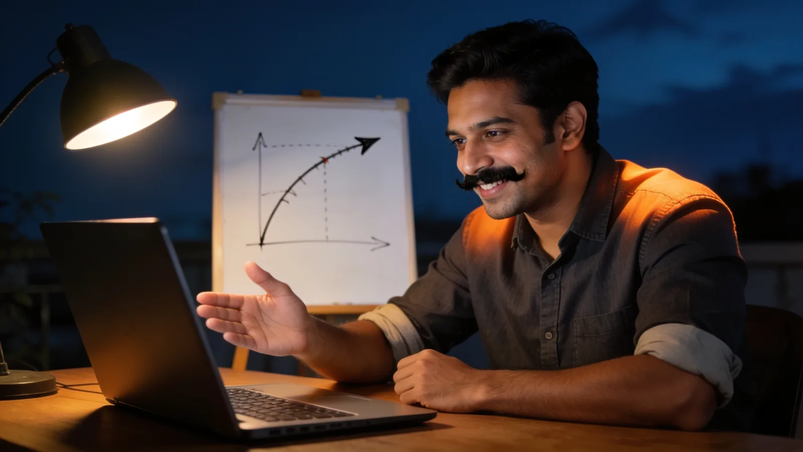 A physics teacher with a moustache teaching an online class at night from his desk
